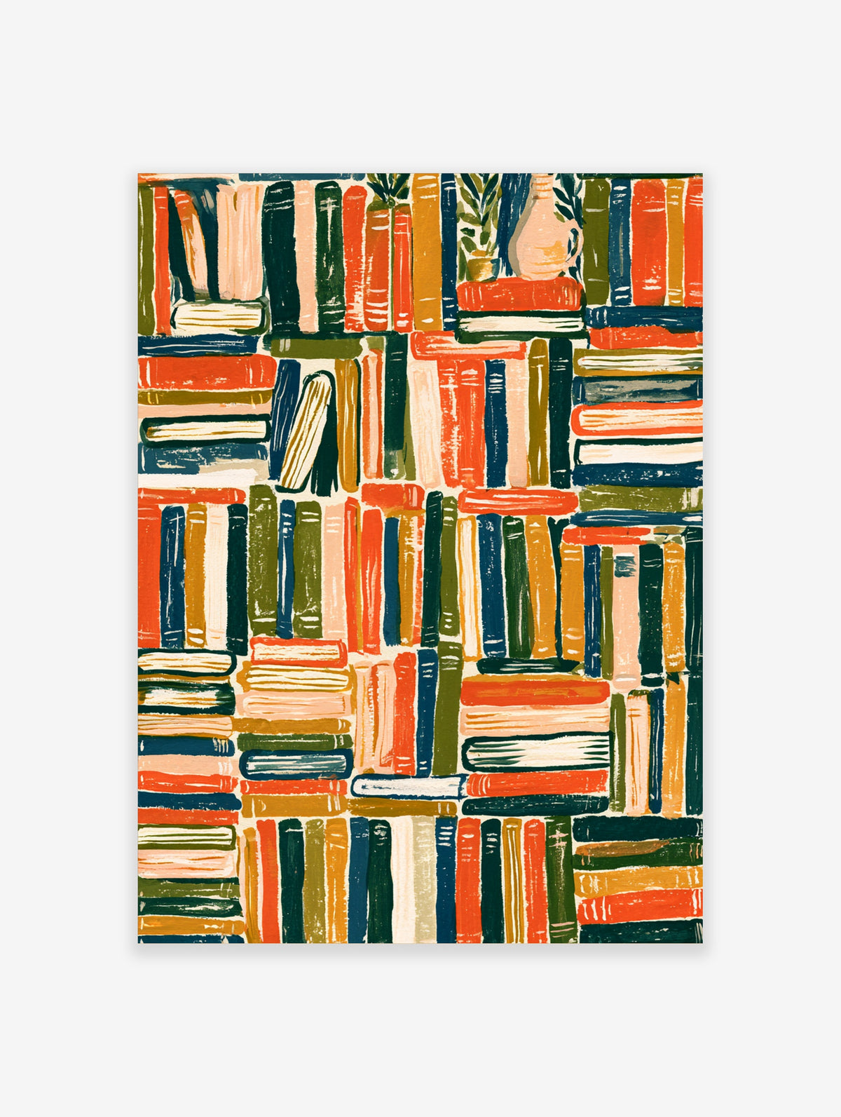 Colourful bookshelf art print with stacked books, plant and jug in red, blue and green