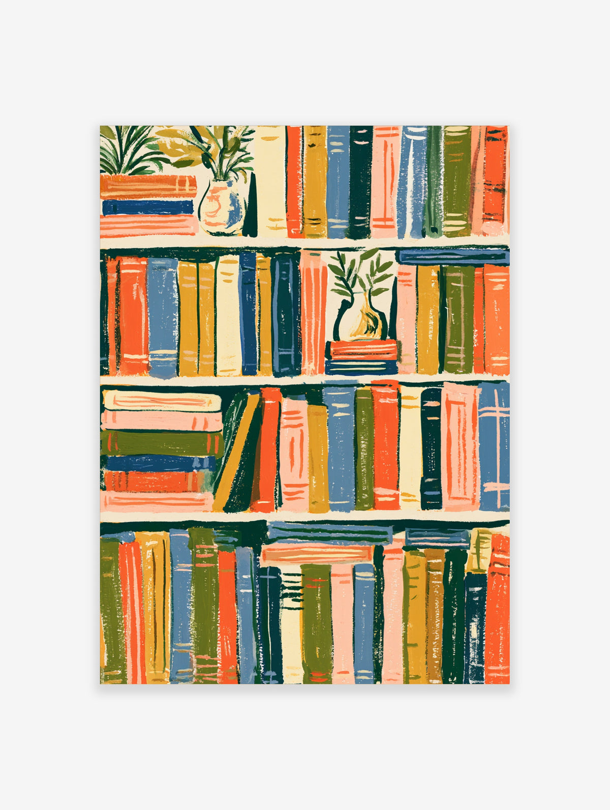 Colourful bookshelf art print with painted book spines and small vases of foliage on four shelves