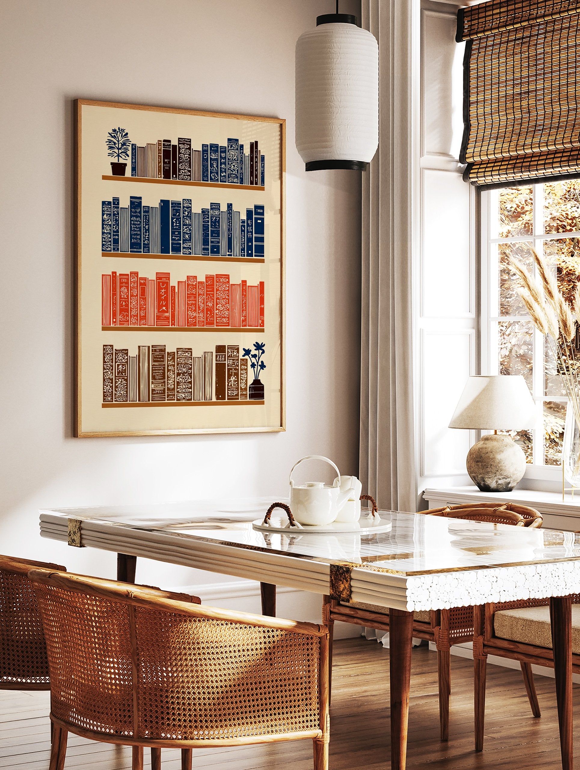 Illustrated bookshelf wall art print with blue, red, and brown books, a potted plant, and a flower vase on cream background. - Image 2