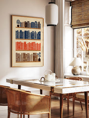 Illustrated bookshelf wall art print with blue, red, and brown books, a potted plant, and a flower vase on cream background. - Image 2
