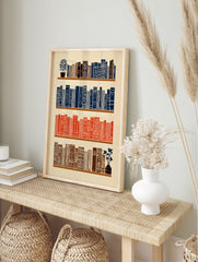 Illustrated bookshelf wall art print with blue, red, and brown books, a potted plant, and a flower vase on cream background. - Image 3