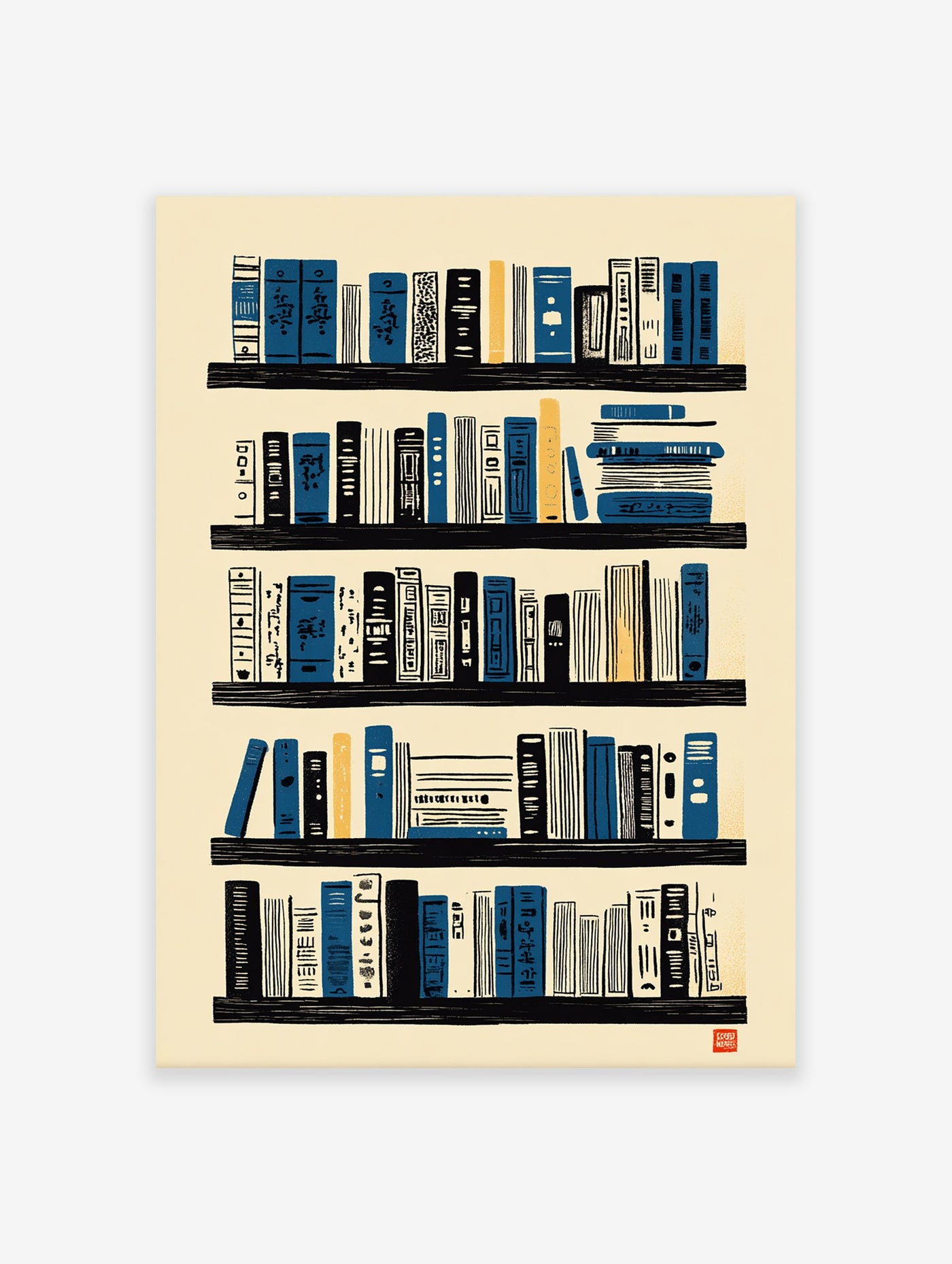 Illustrative bookshelf wall art print with blue, black, and yellow books on cream background for library decor.