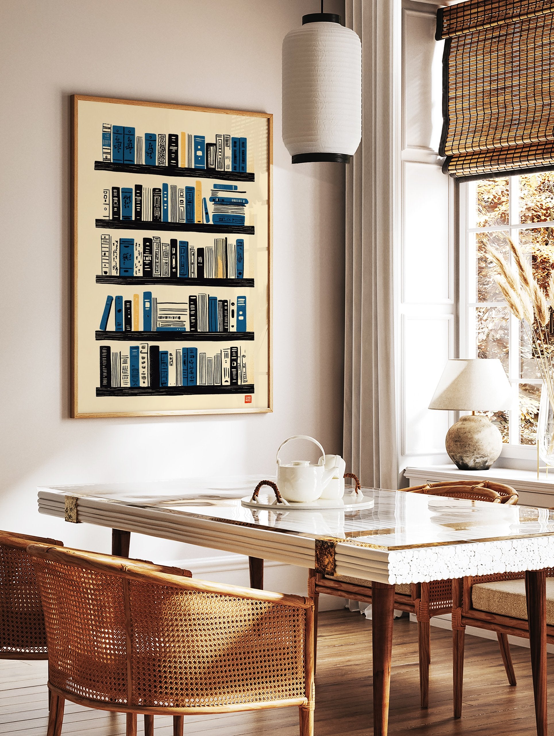 Illustrative bookshelf wall art print with blue, black, and yellow books on cream background for library decor. - Image 2