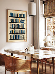 Illustrative bookshelf wall art print with blue, black, and yellow books on cream background for library decor. - Image 2