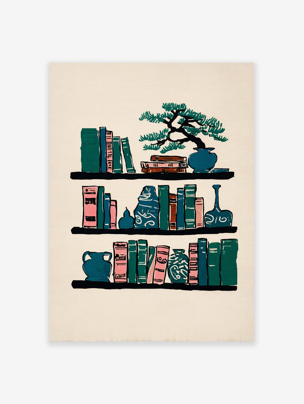 Illustrative bookshelf wall art print featuring colorful books, a bonsai tree, and decorative vases on a light beige background.
