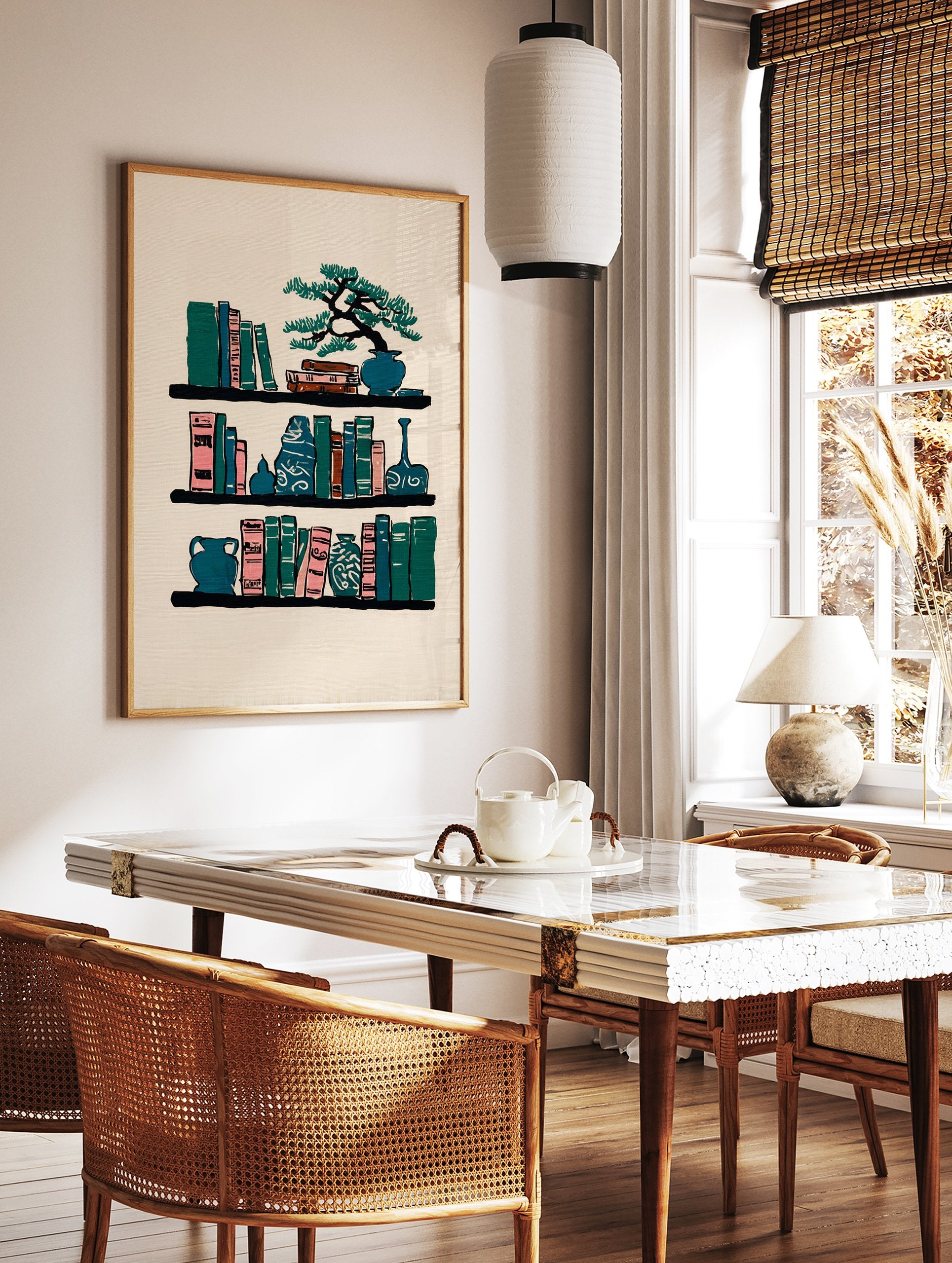 Illustrative bookshelf wall art print featuring colorful books, a bonsai tree, and decorative vases on a light beige background. - Image 2