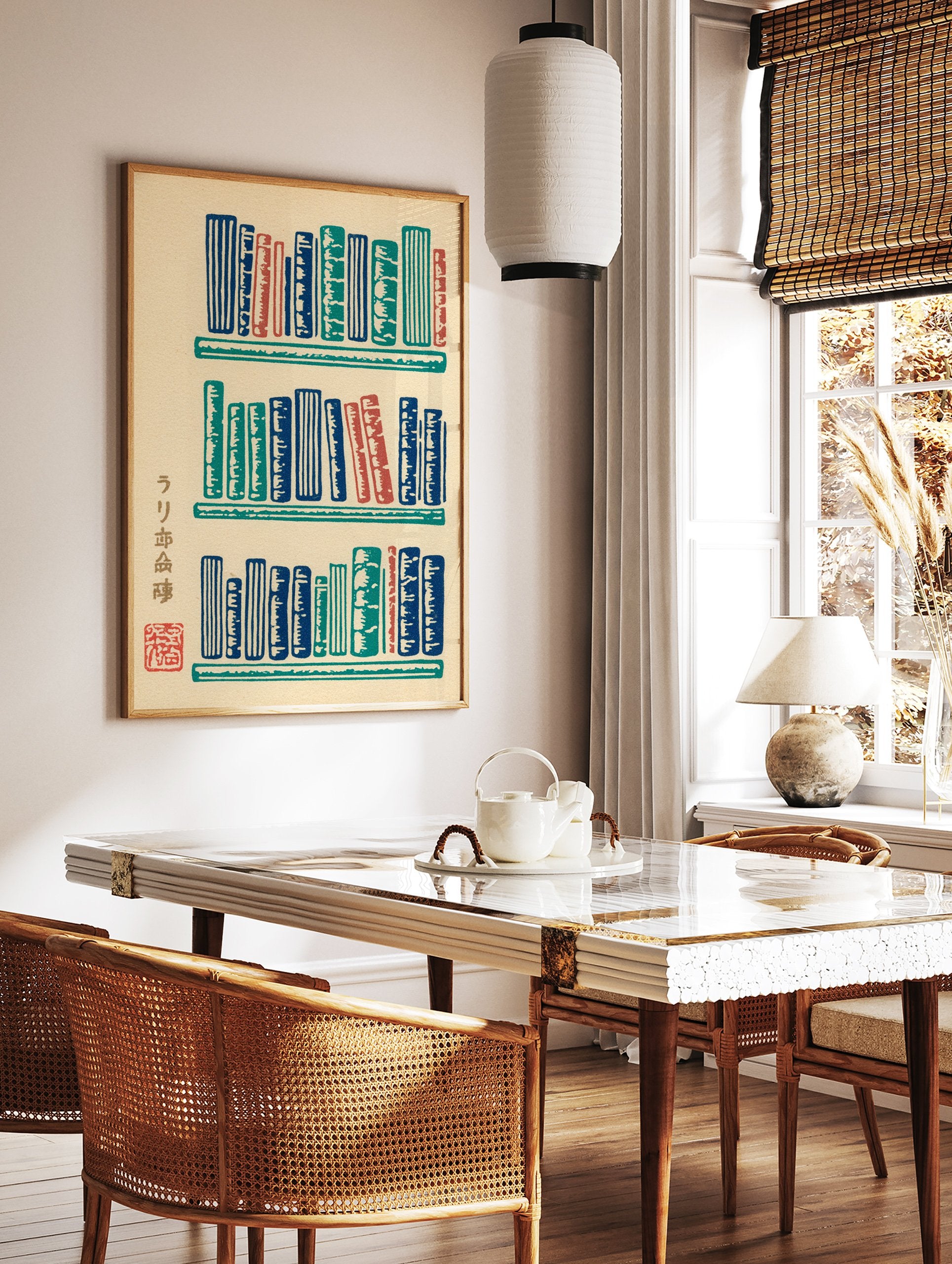 Japanese illustration bookshelf wall art with colorful blue, teal, and red books on a beige background. - Image 2
