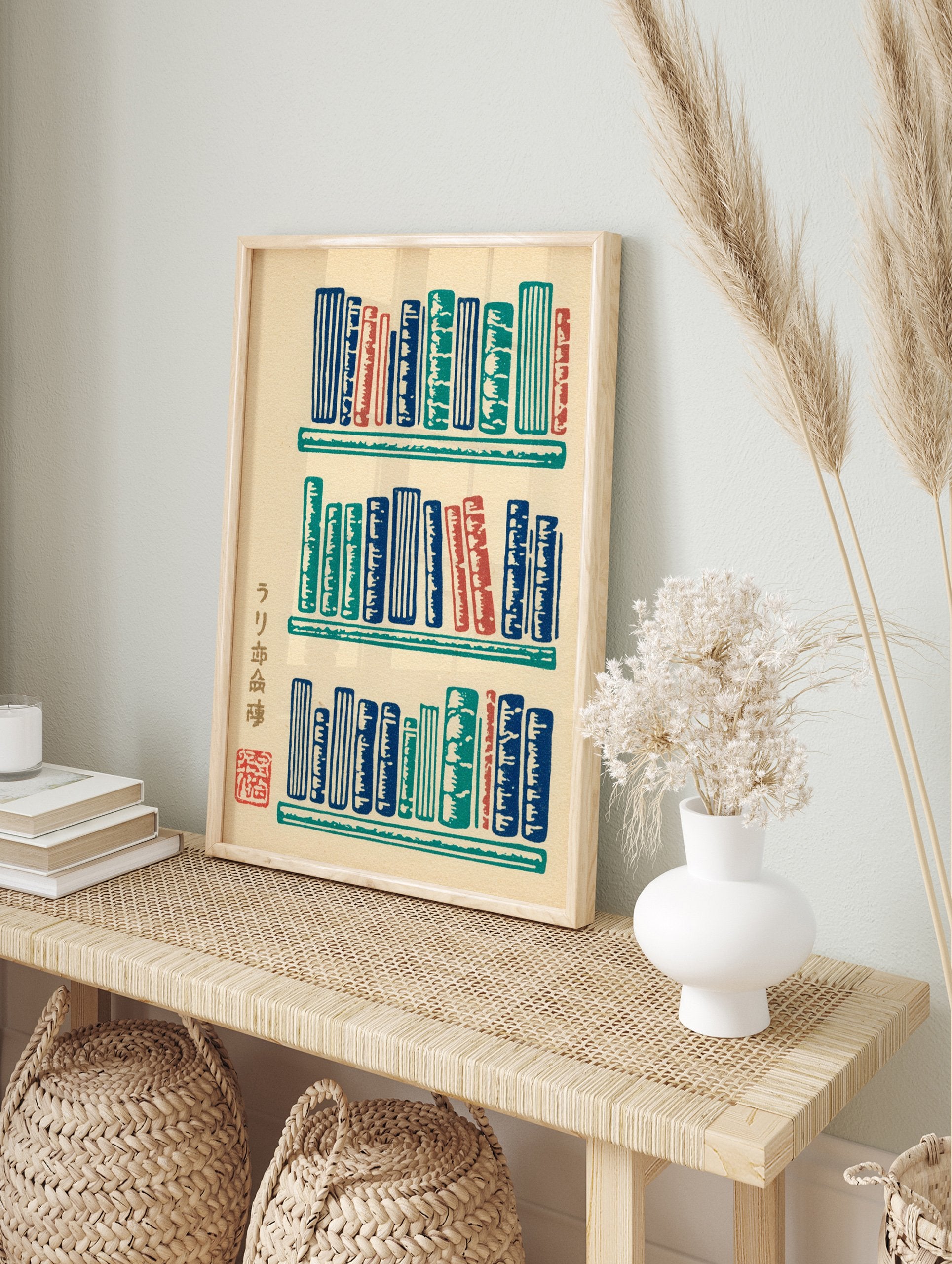 Japanese illustration bookshelf wall art with colorful blue, teal, and red books on a beige background. - Image 3
