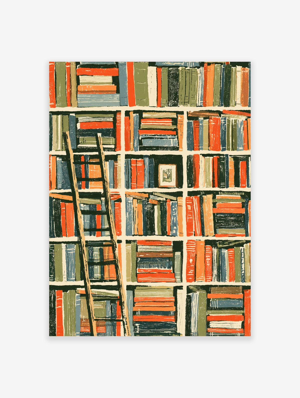 Bookshelf poster with wooden ladder, stacked books, and small framed picture in orange, navy, and olive