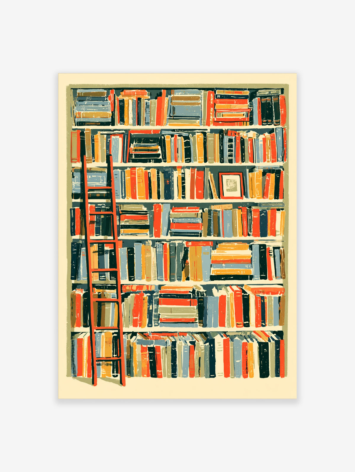 Colourful bookshelf art print with red ladder and stacked books