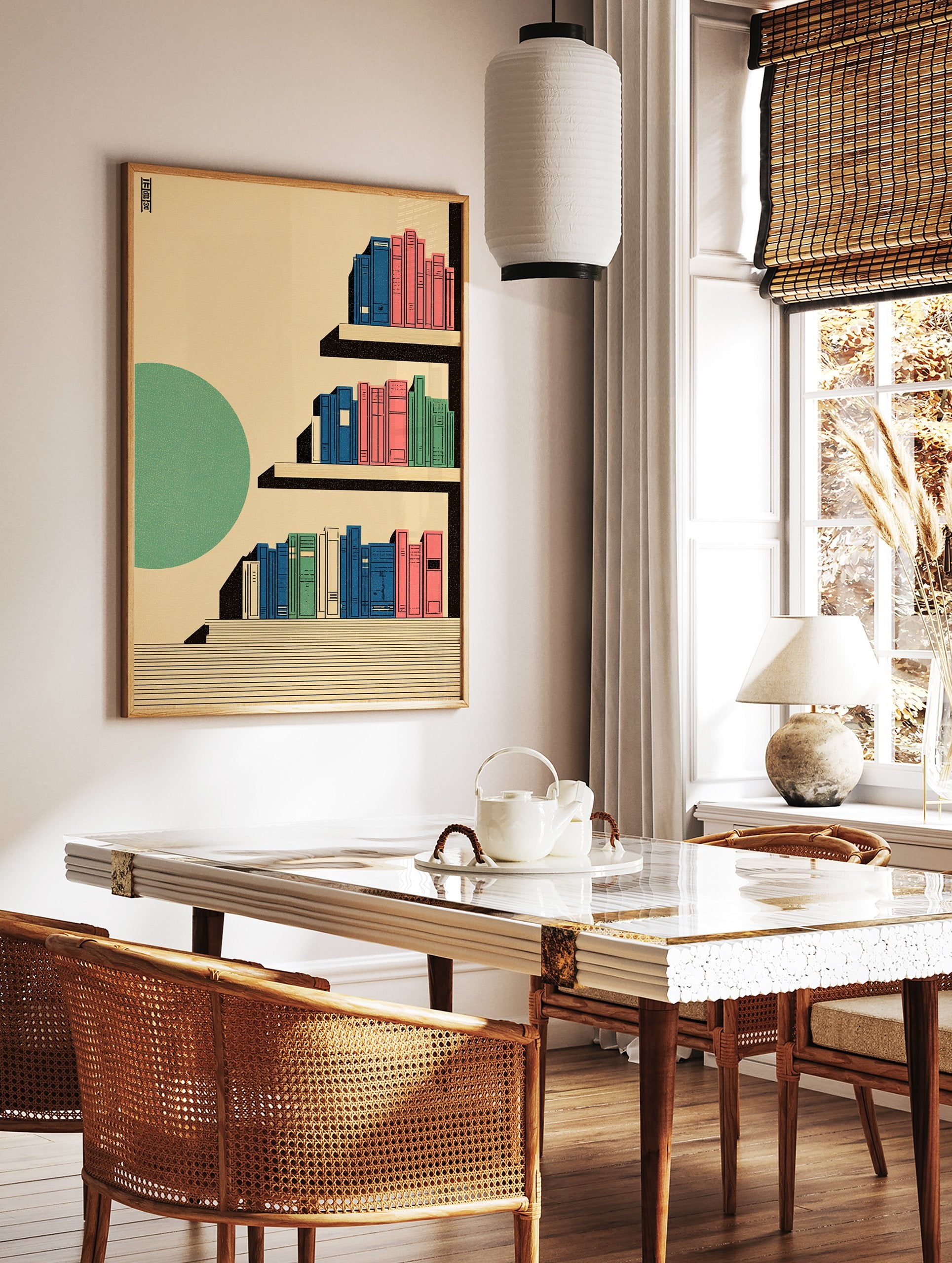 Modern bookshelf wall art illustration with colorful blue, pink, and green books on beige shelves and a green circle. - Image 2