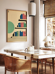 Modern bookshelf wall art illustration with colorful blue, pink, and green books on beige shelves and a green circle. - Image 2