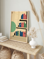 Modern bookshelf wall art illustration with colorful blue, pink, and green books on beige shelves and a green circle. - Image 3