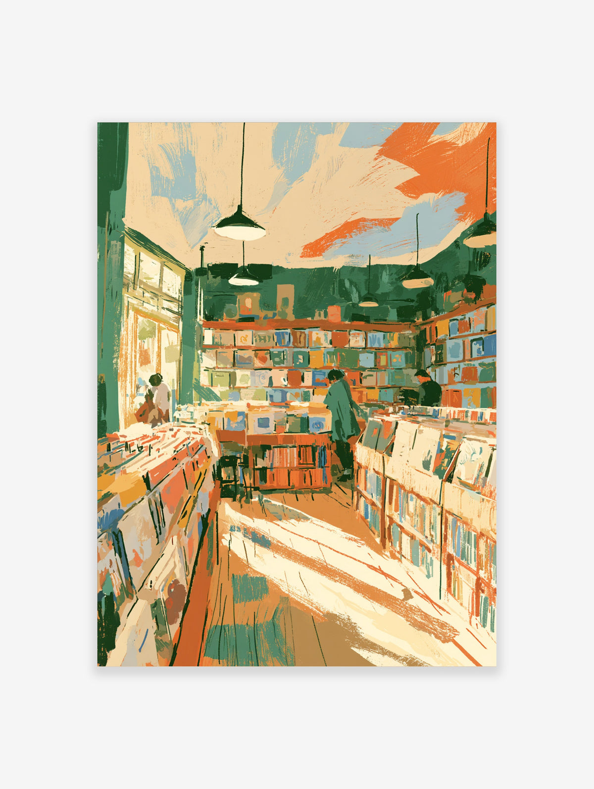 Colourful bookshop interior art print with painted figures browsing shelves and sunlight on the floor