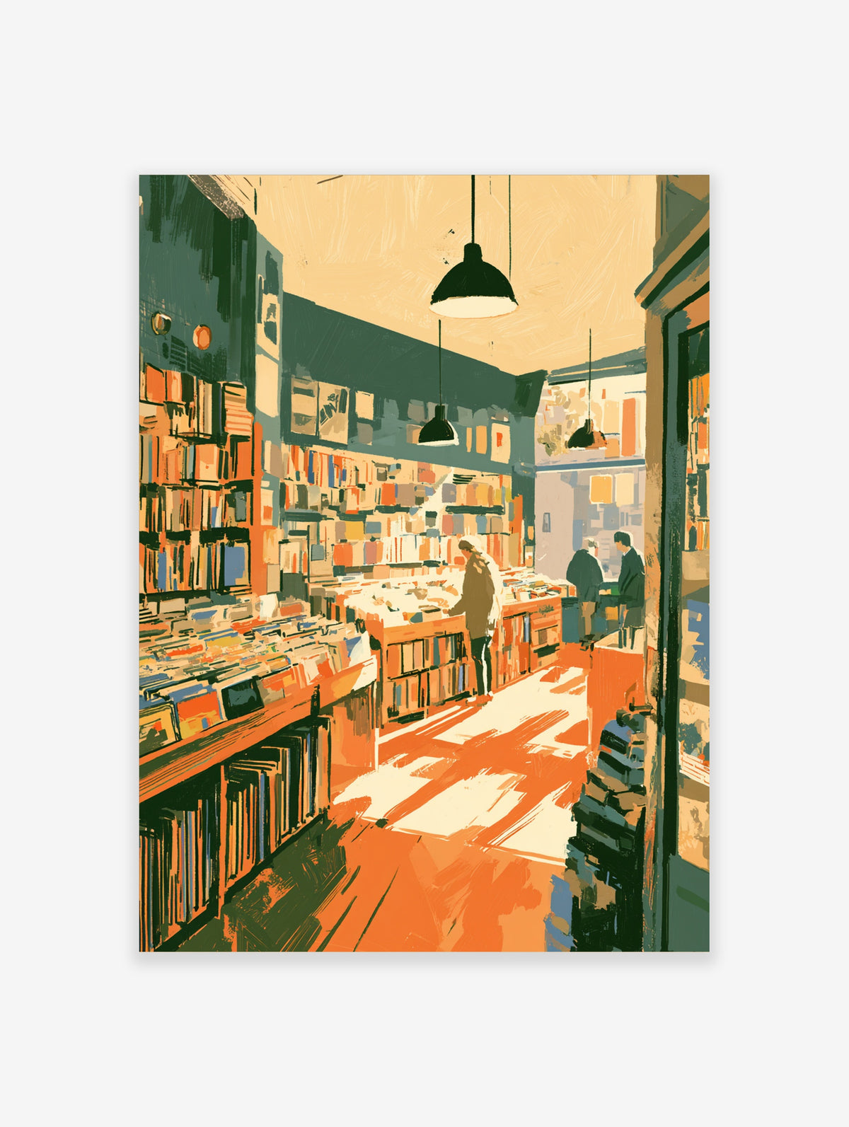 Bookshop interior art print with readers browsing shelves under pendant lights in orange and teal tones