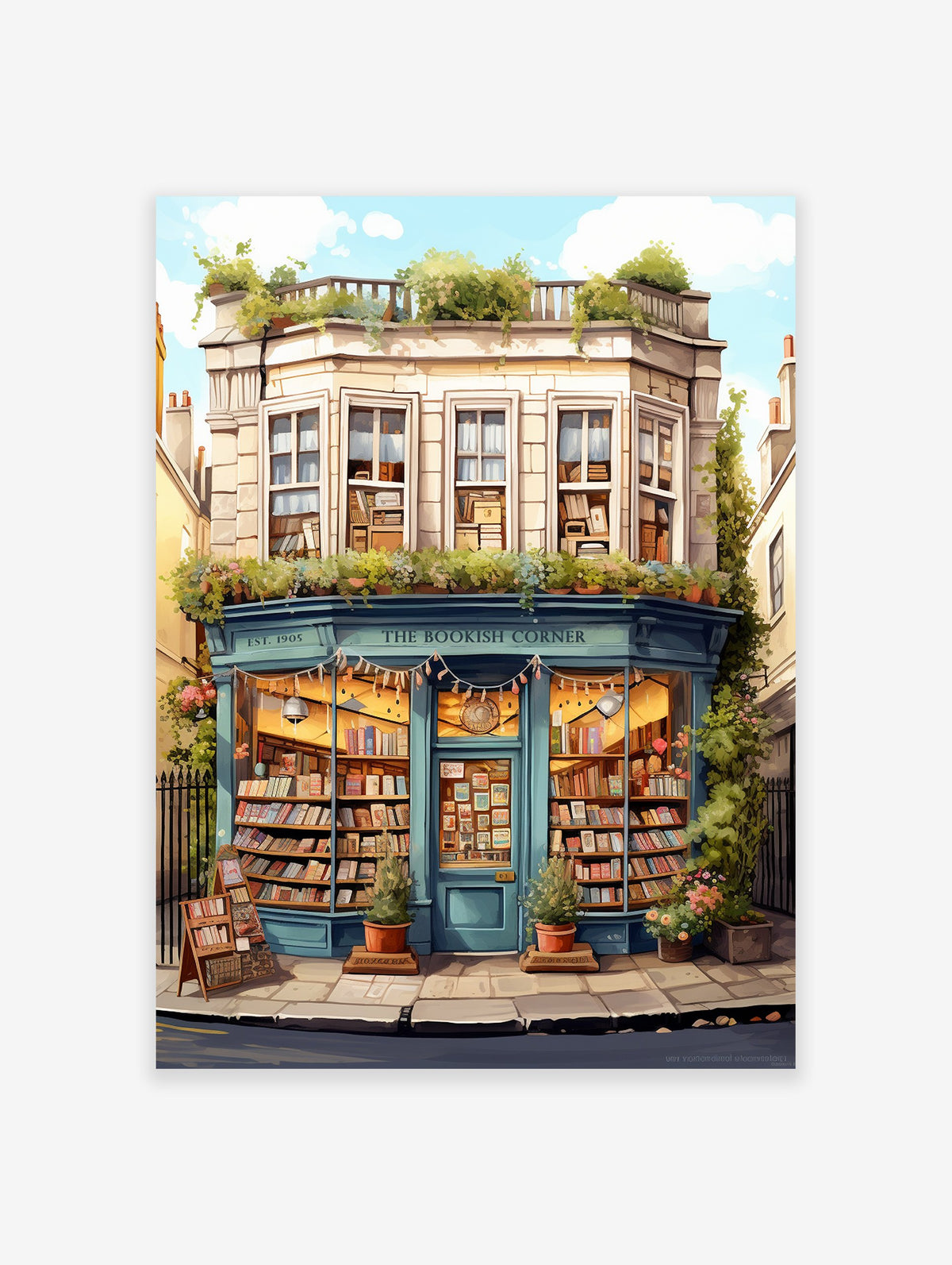 Illustrated poster of a charming blue bookshop named 'The Bookish Corner' filled with books and plants, under a blue sky.