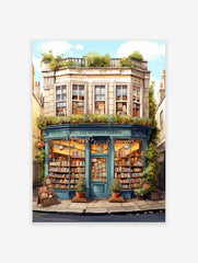 Illustrated poster of a charming blue bookshop named 'The Bookish Corner' filled with books and plants, under a blue sky.