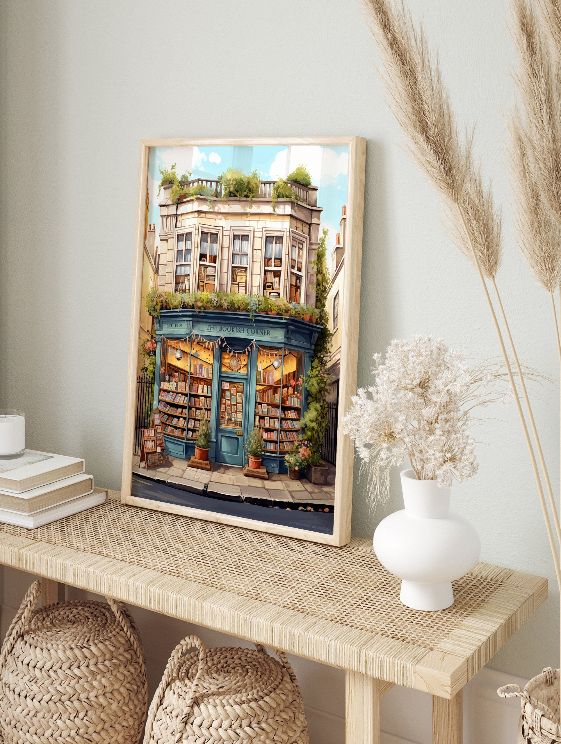 Illustrated poster of a charming blue bookshop named 'The Bookish Corner' filled with books and plants, under a blue sky. - Image 4
