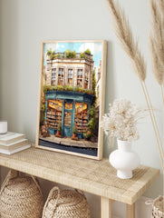 Illustrated poster of a charming blue bookshop named 'The Bookish Corner' filled with books and plants, under a blue sky. - Image 4