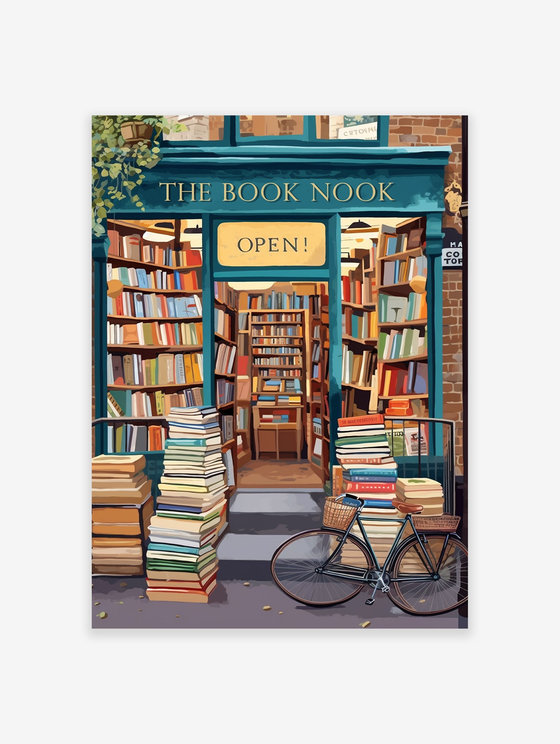 An illustrated bookstore poster showing 'The Book Nook' storefront with stacks of books outside and a bicycle.