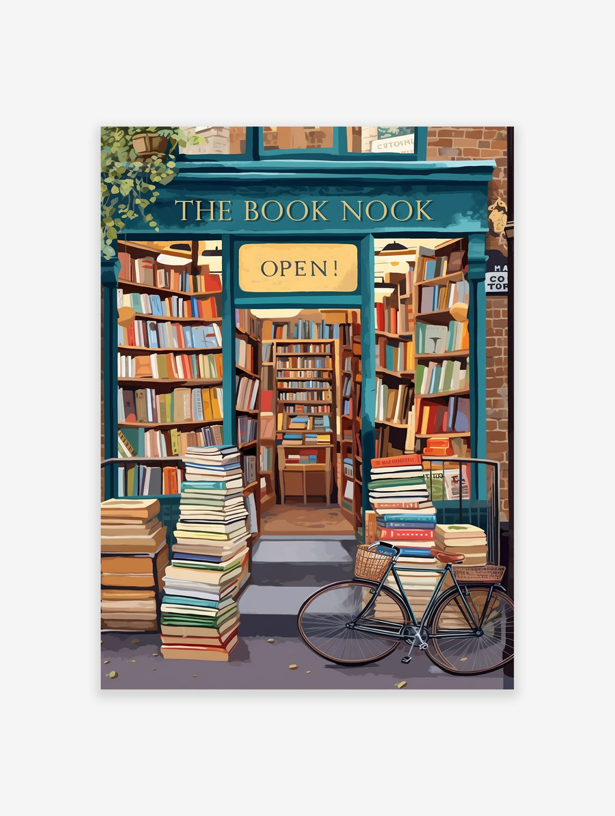 An illustrated bookstore poster showing 'The Book Nook' storefront with stacks of books outside and a bicycle.
