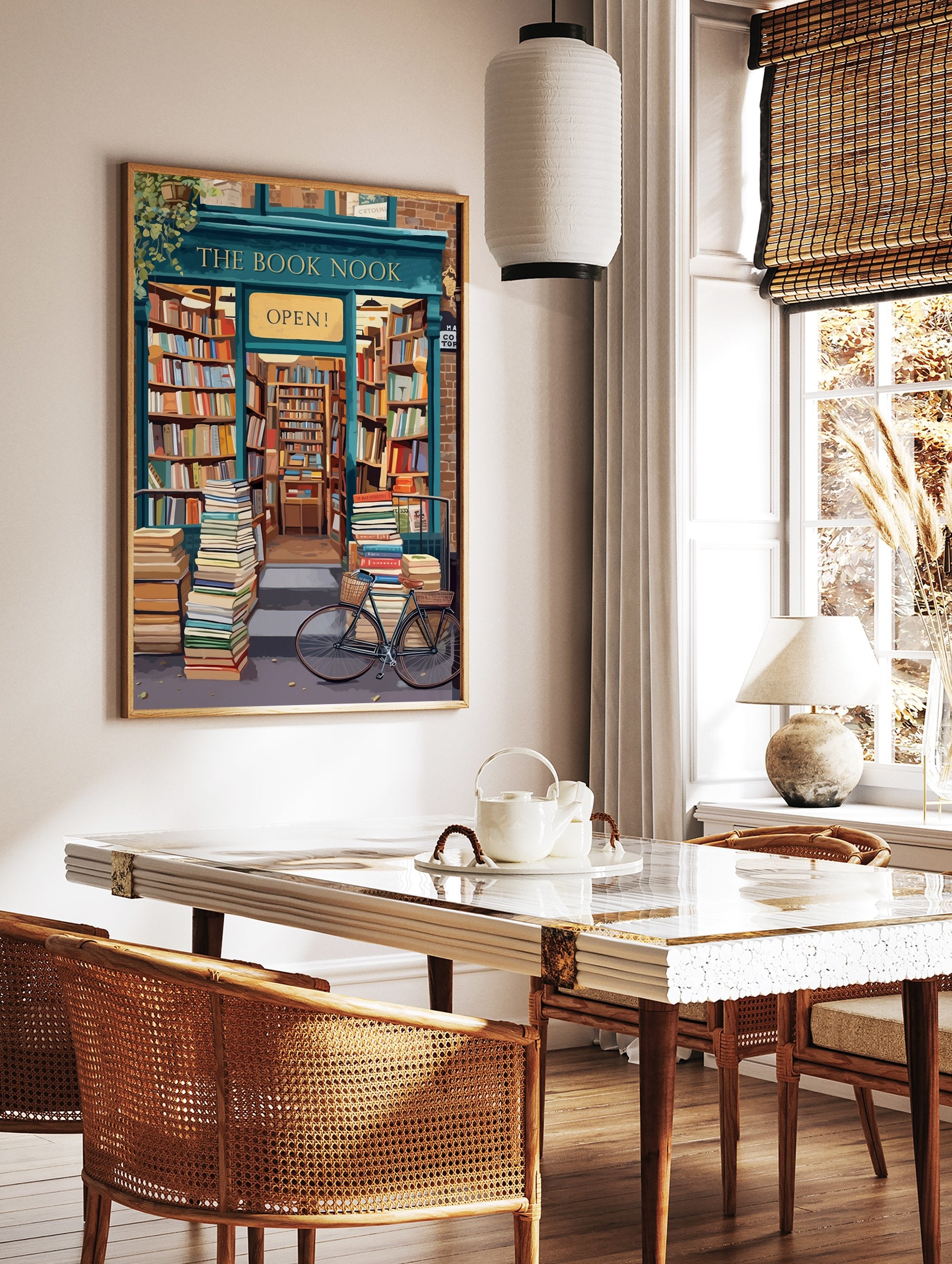 An illustrated bookstore poster showing 'The Book Nook' storefront with stacks of books outside and a bicycle. - Image 2