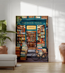 An illustrated bookstore poster showing 'The Book Nook' storefront with stacks of books outside and a bicycle. - Image 3