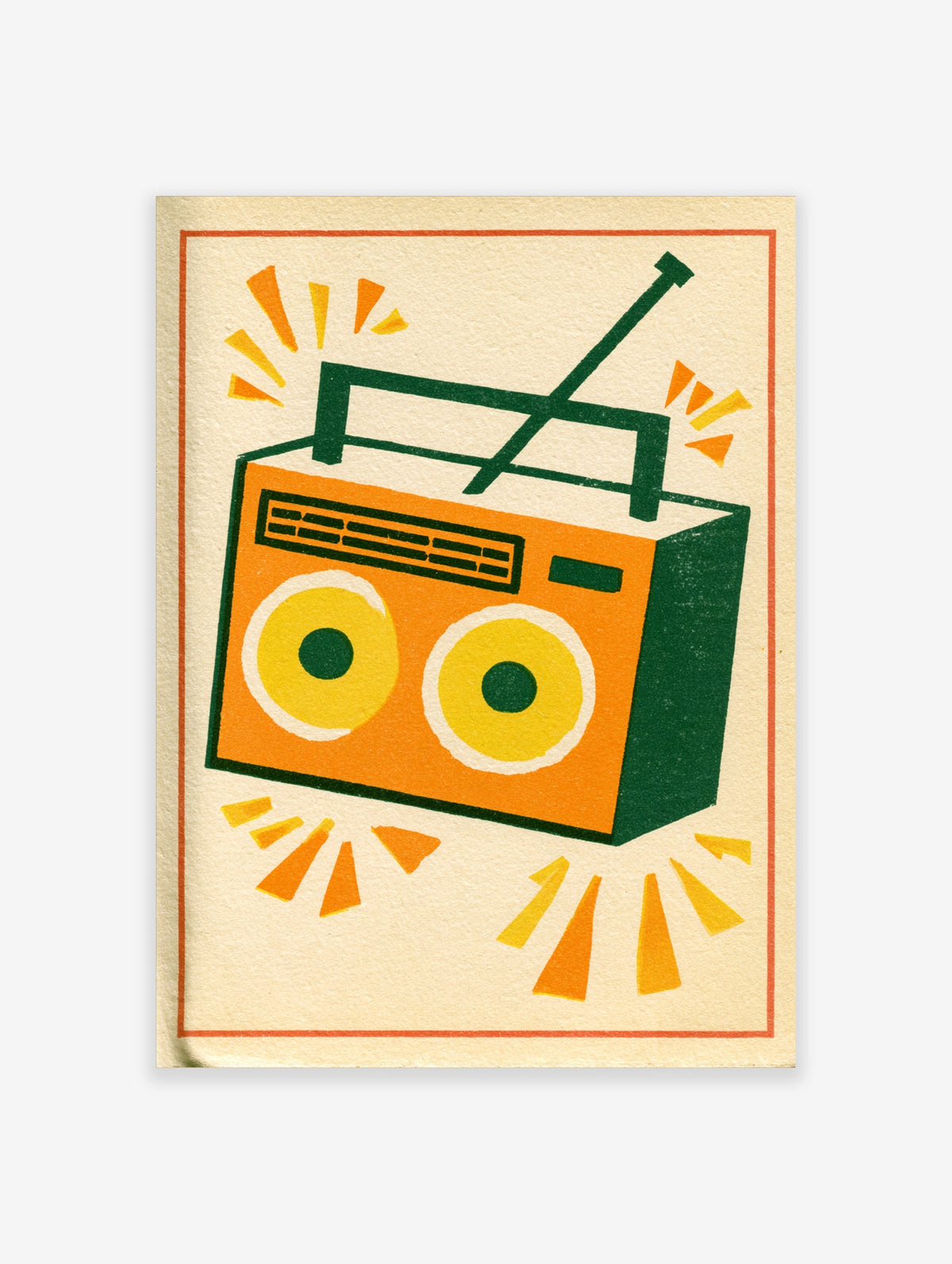 Retro boombox radio illustration in orange, yellow and green on a cream background, illustrative wall art print
