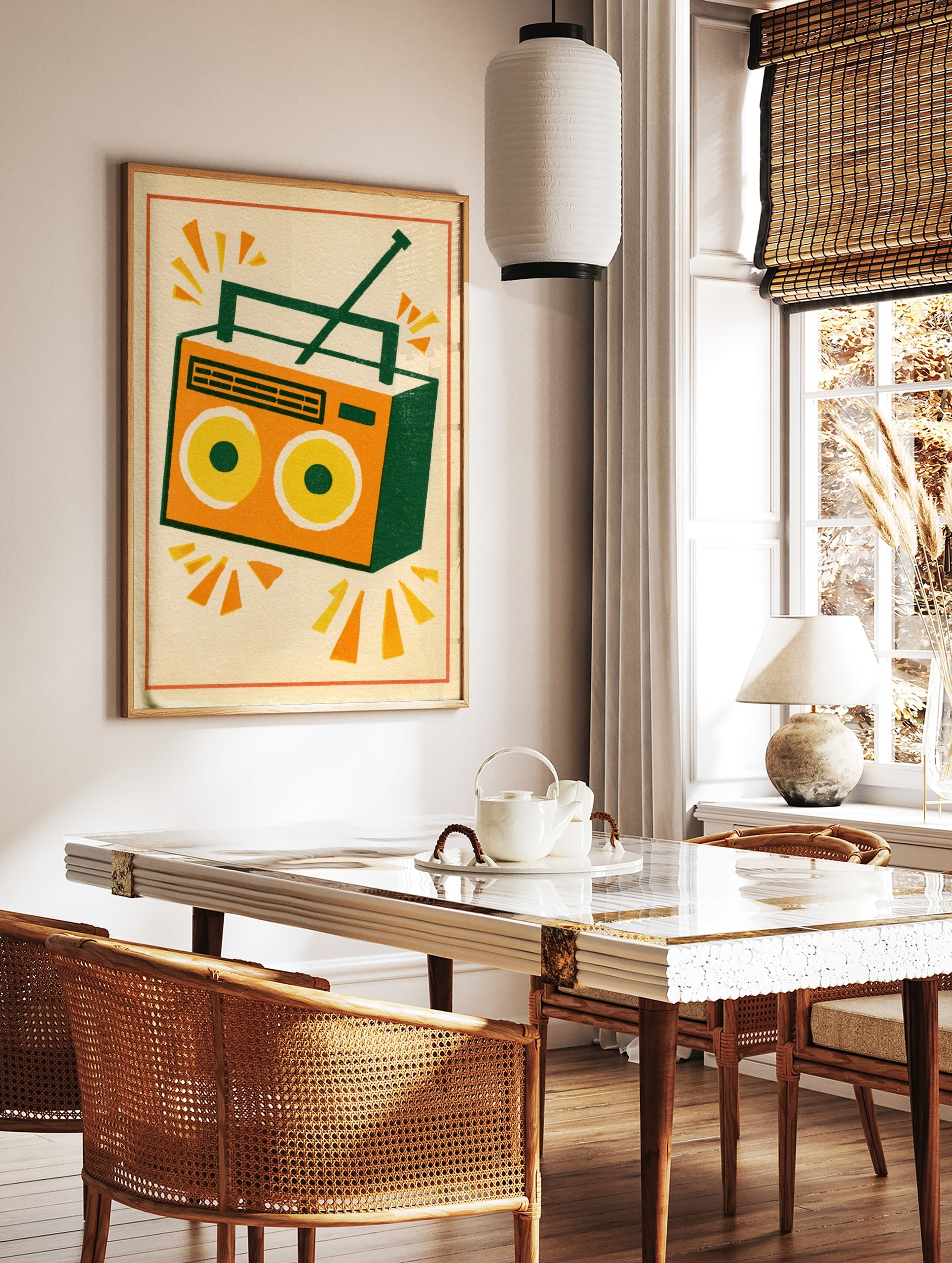 Retro boombox radio illustration in orange, yellow and green on a cream background, illustrative, in a styled room mockup