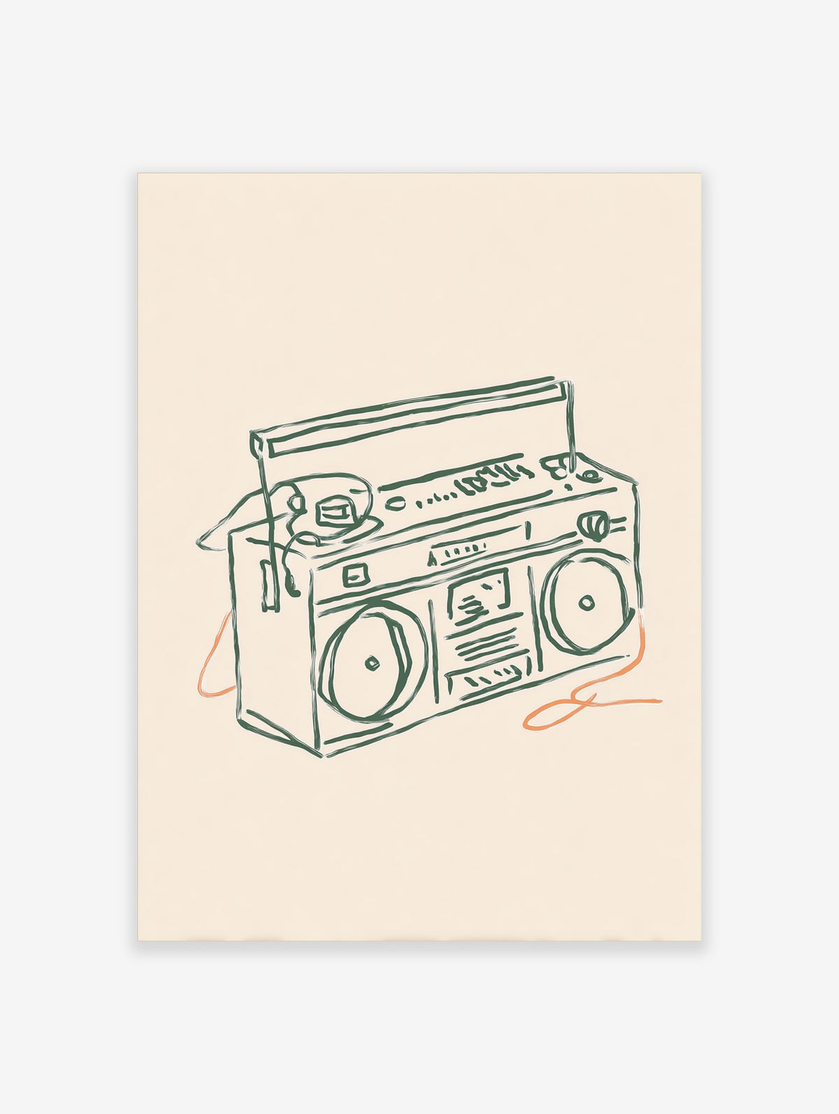 Green line art boombox sketch on cream background with orange wire accents