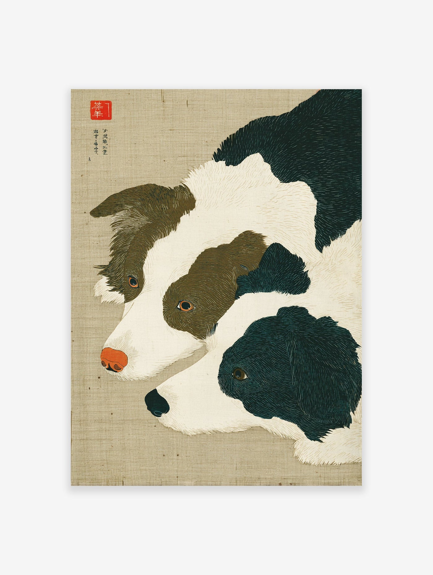 Japanese style illustration of two Border Collie dogs, one brown and white, one black and white, on a neutral background.