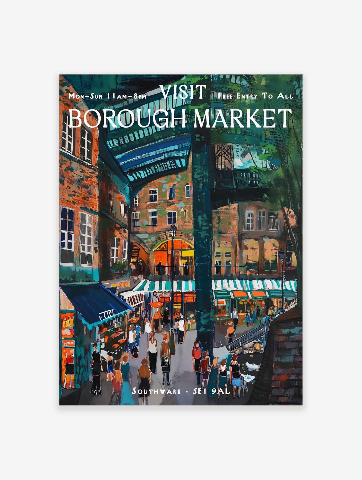 Vibrant illustrative painting of Borough Market in London with people, stalls, and buildings under an arched roof