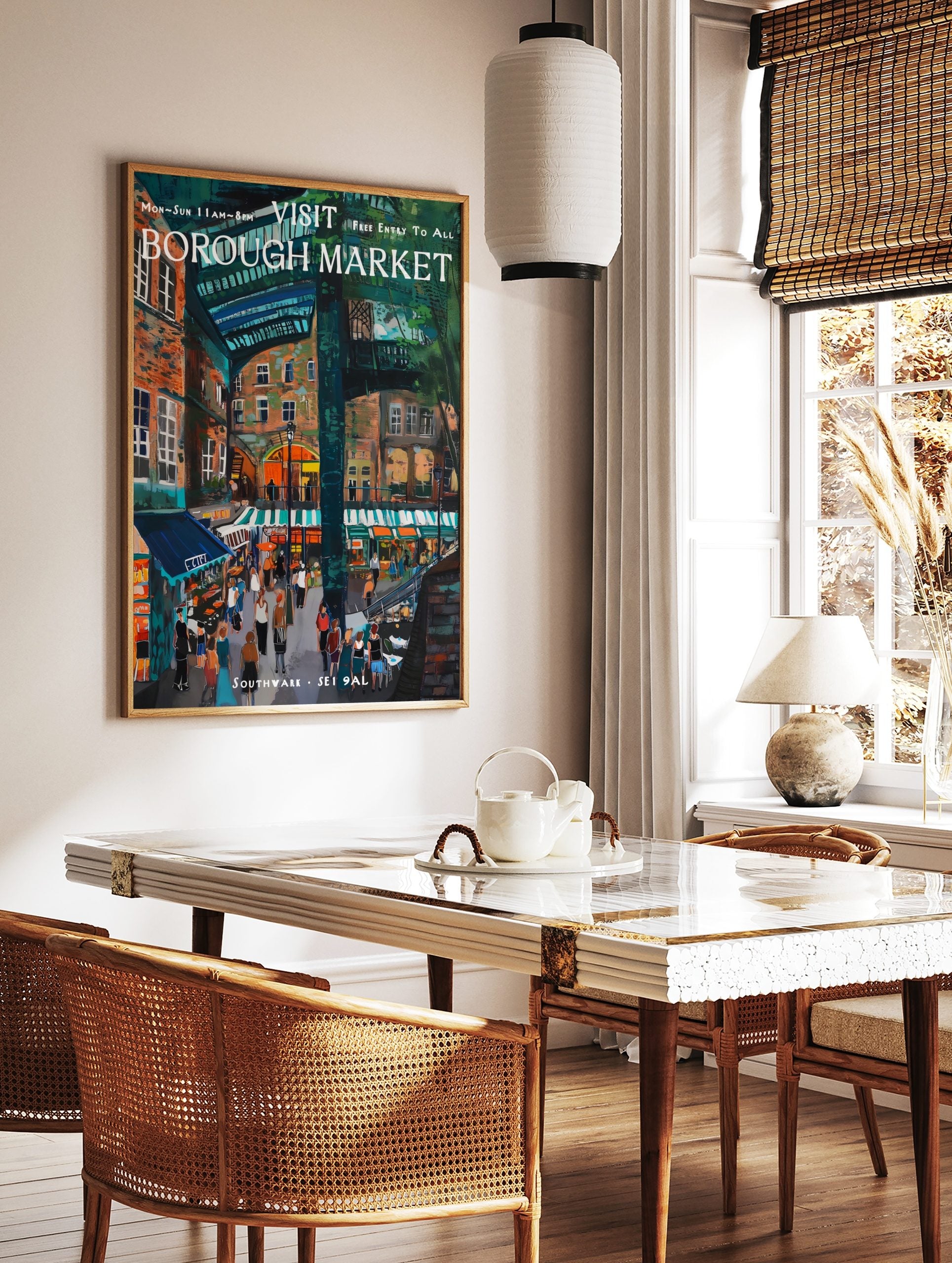 Vibrant illustrative painting of Borough Market in London with people, stalls, and buildings under an arched roof, displayed as the same artwork in a styled poster mockup for home decor