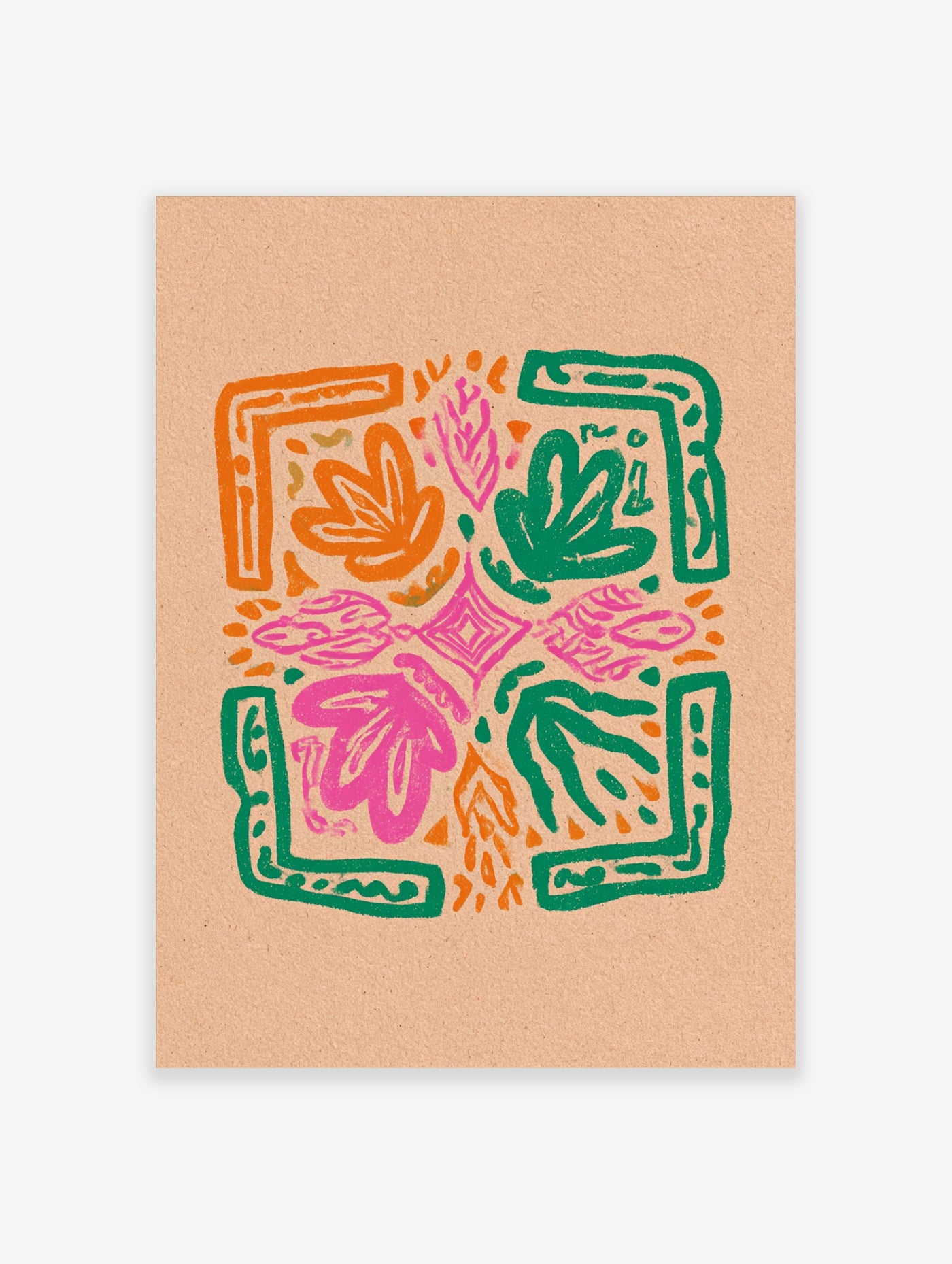 Abstract botanical print with orange, teal, and pink leaves and geometric corners on beige background