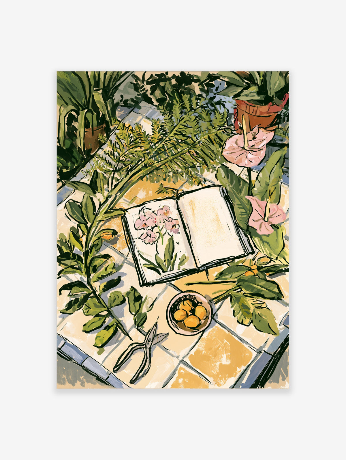 Botanical illustration of an open book with pink anthurium sketches, ferns, and lemons on a tiled surface