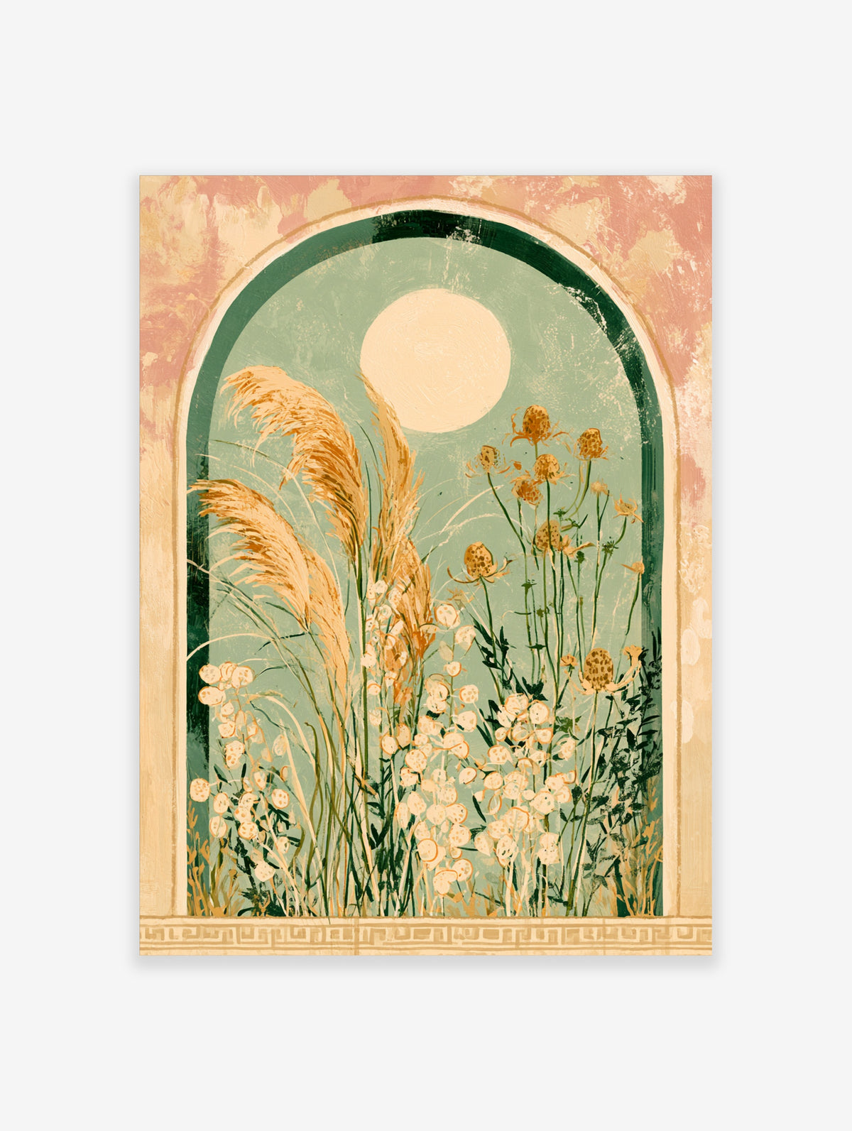 Botanical arch art print with golden pampas grass, wild carrot seed heads, teal sky and pale moon