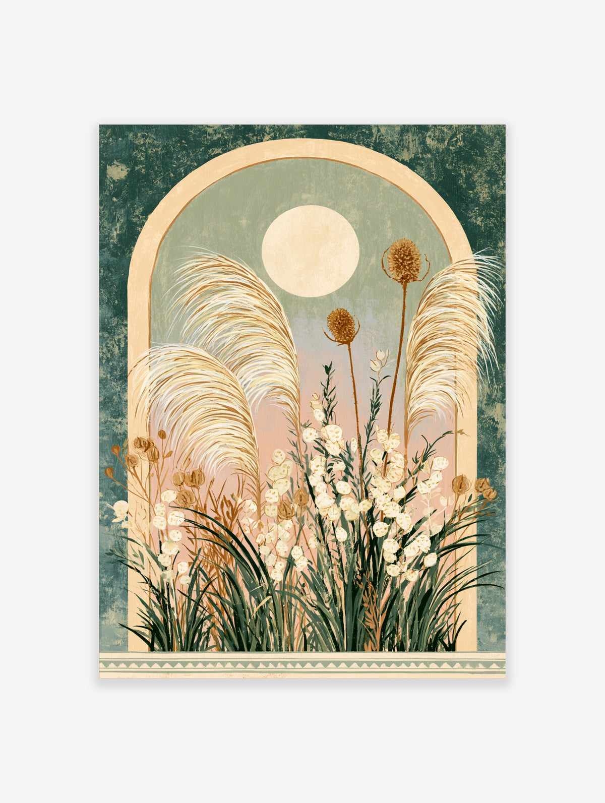 Botanical arch art print with pampas grass, seed heads, and full moon on sage green and pink background