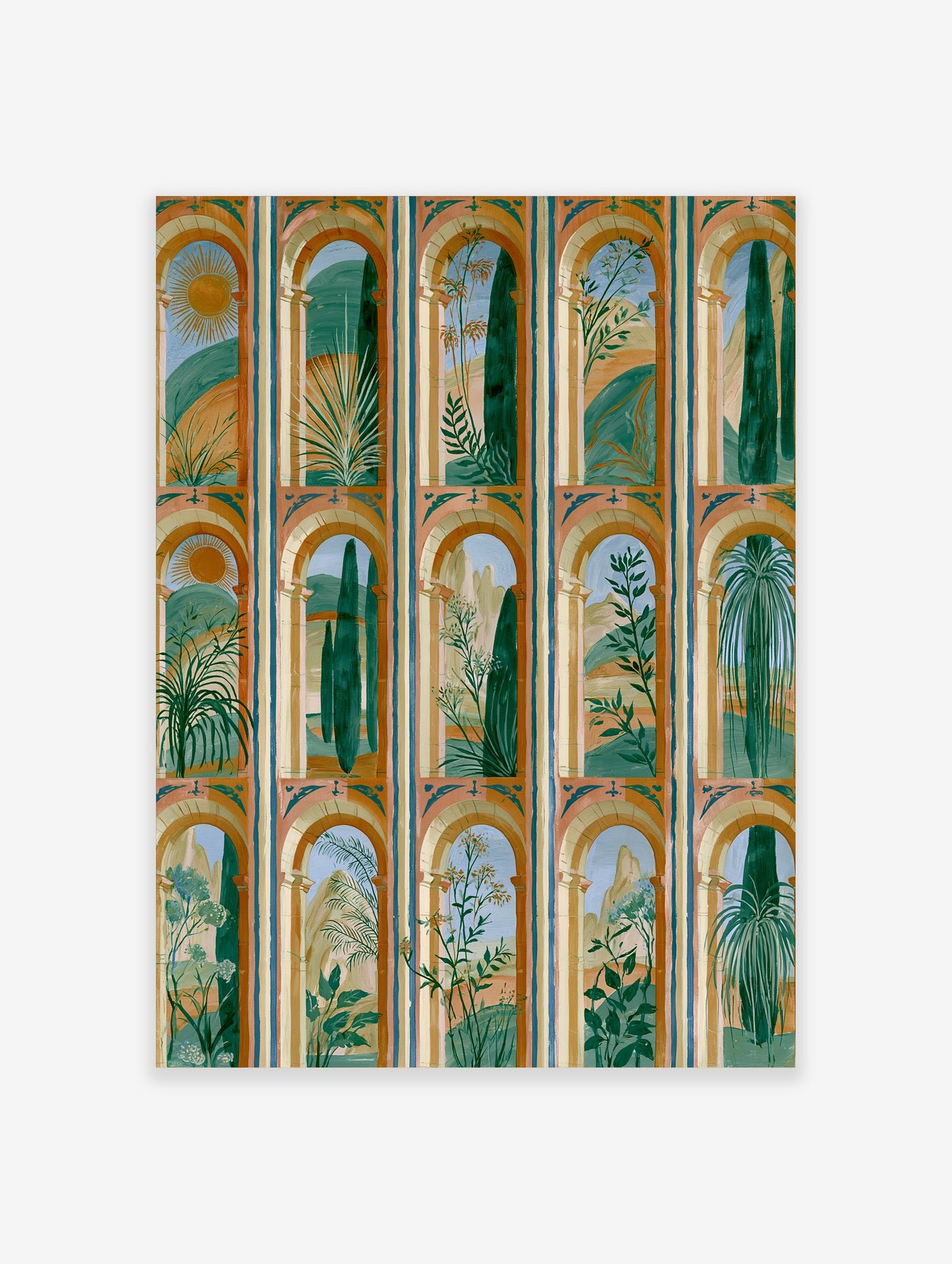 Botanical arches wall art with sun, cypress trees, palms, and wildflowers in earth tones