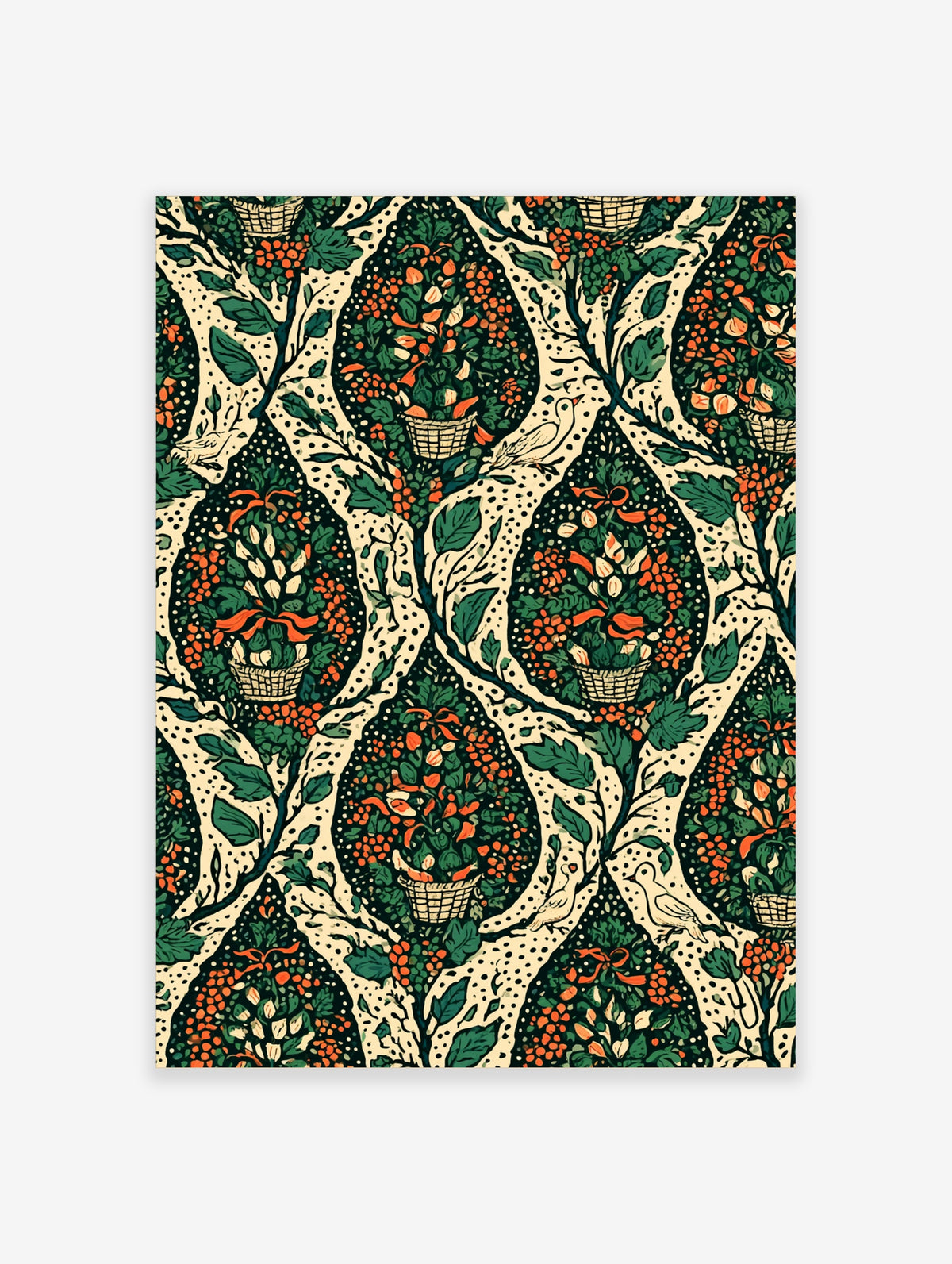 Botanical basket pattern with green leaves, orange berries, and white birds on cream background