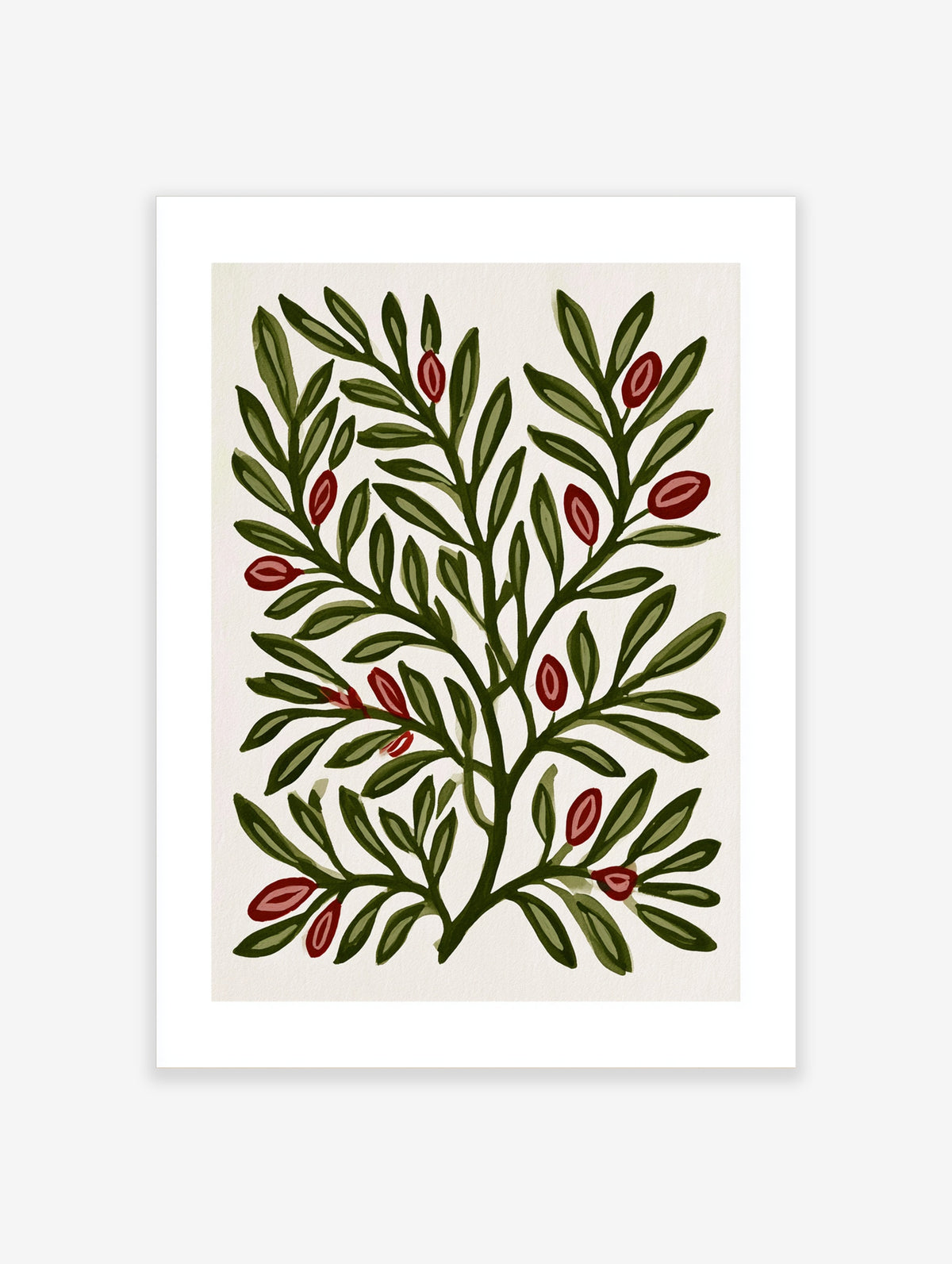 Botanical illustration print of green leafy branches with red berries on a cream background