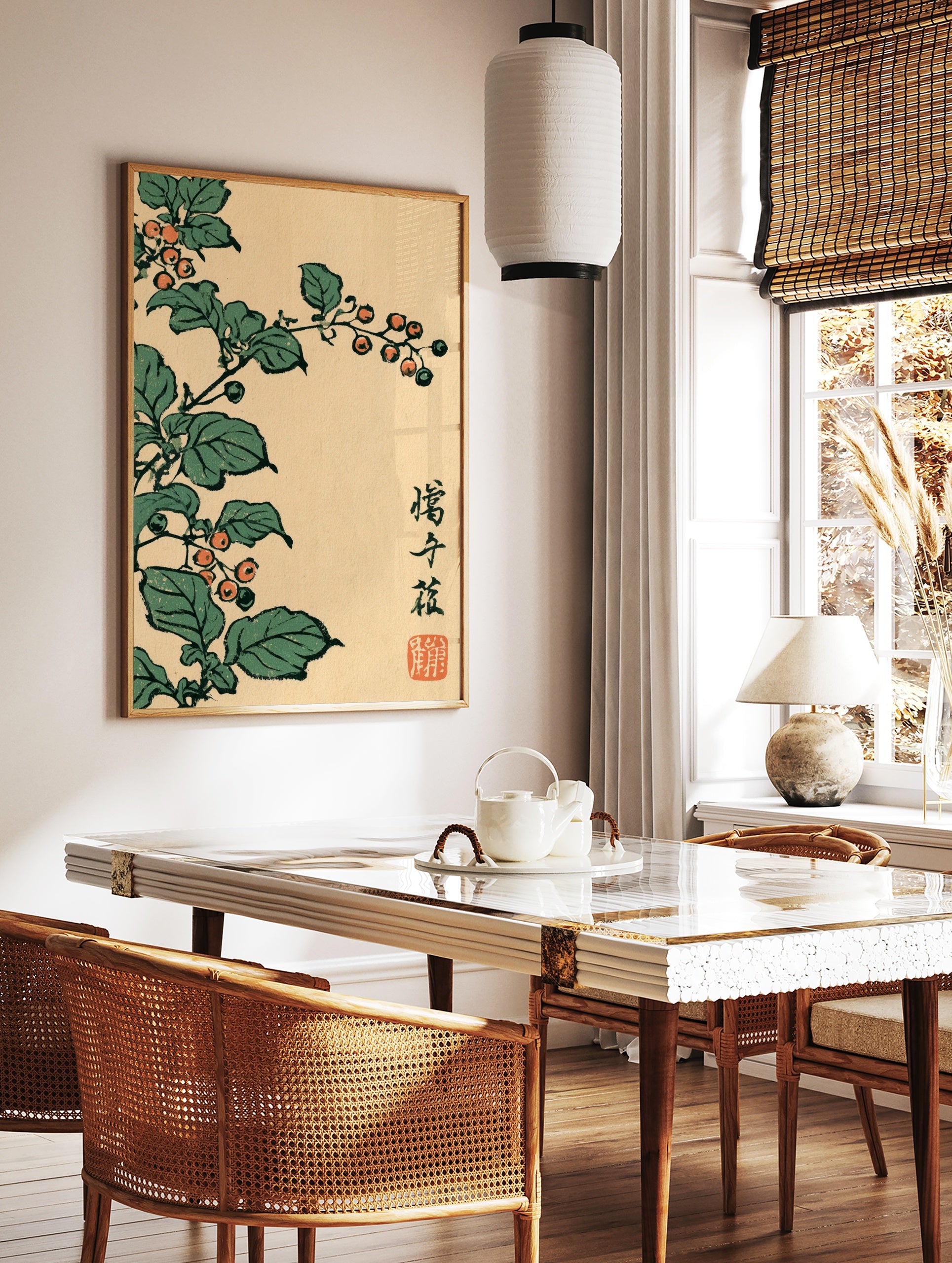 Botanical Japanese woodblock style print featuring orange berries and green leaves on a cream, in a styled room mockup