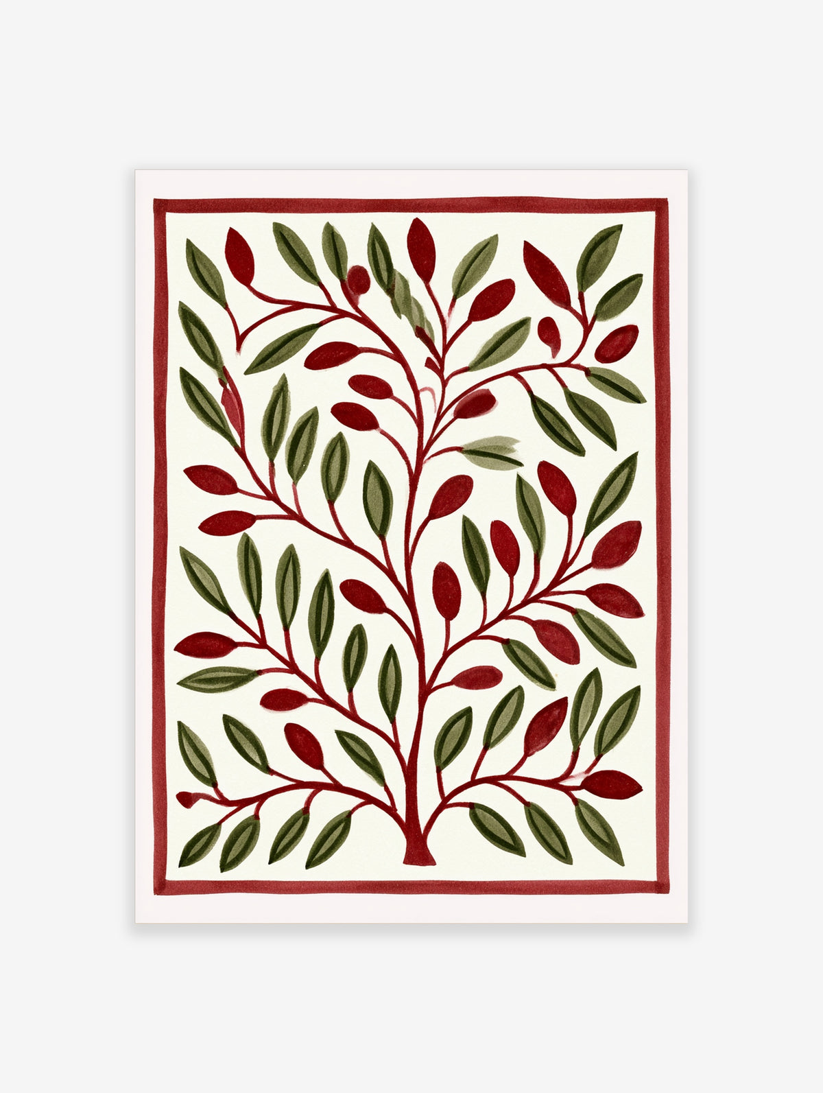 Stylised botanical illustration with green leaves and red berries inside a red border on a cream background
