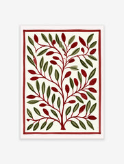 Stylised botanical illustration with green leaves and red berries inside a red border on a cream background