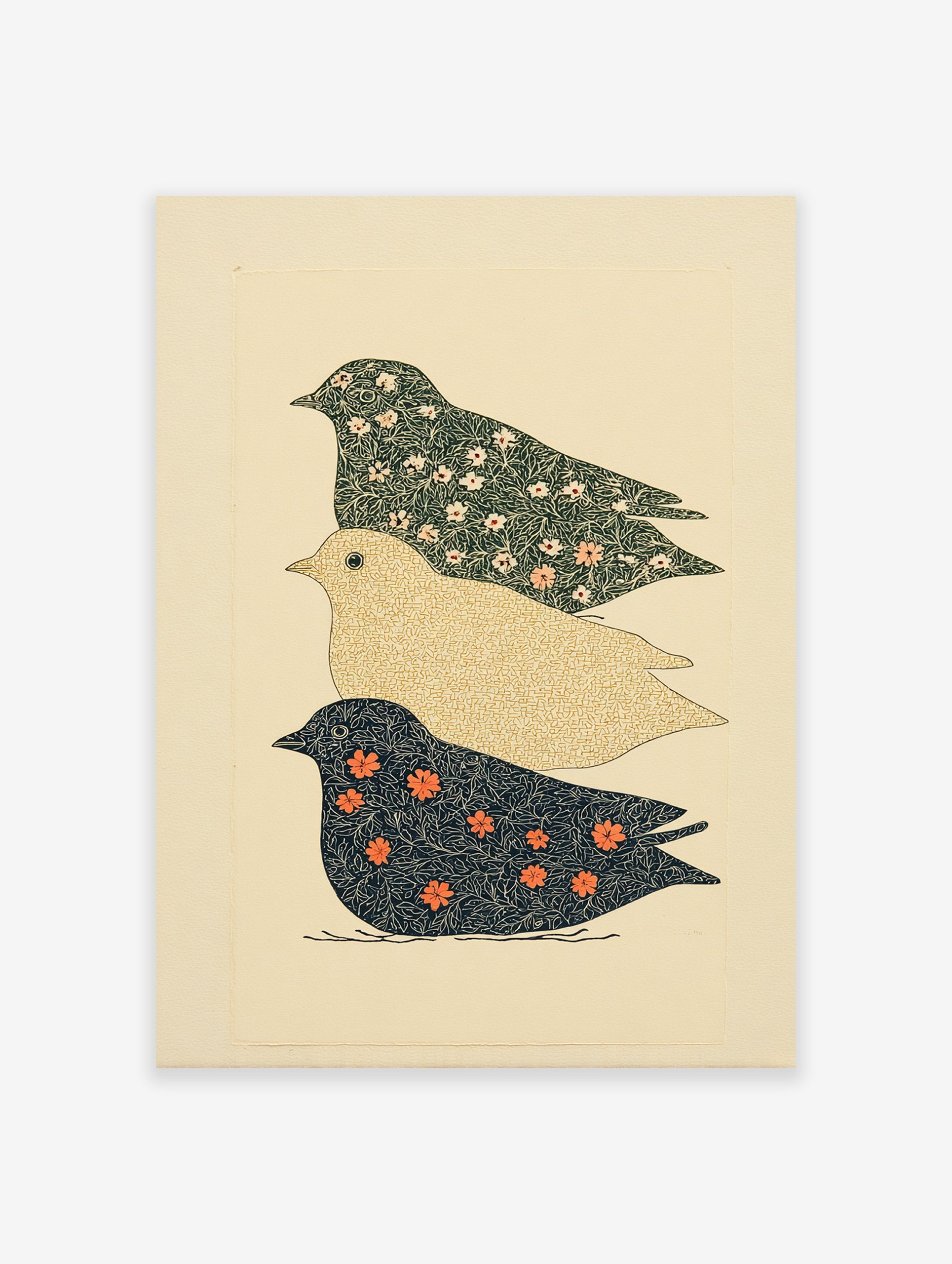 Stacked botanical bird wall art print featuring three birds with intricate floral and geometric patterns in green, gold, and blue.