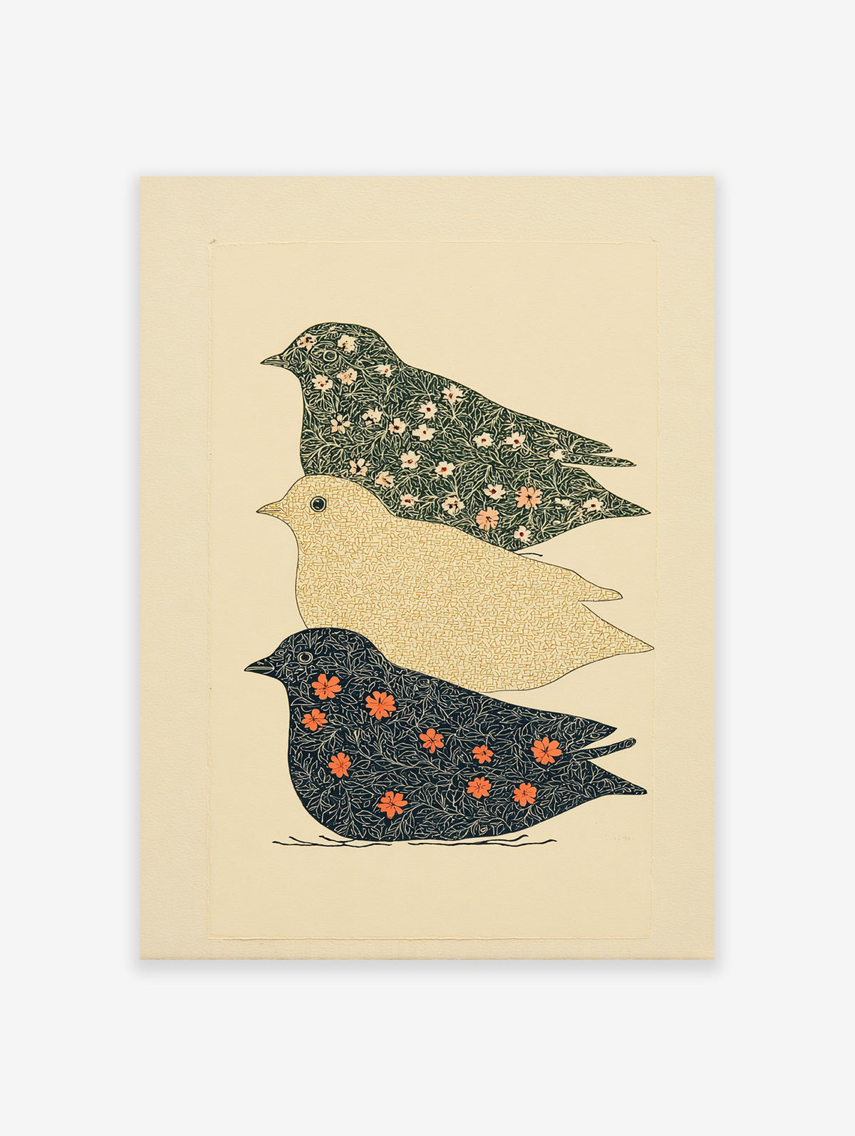 Stacked botanical bird wall art print featuring three birds with intricate floral and geometric patterns in green, gold, and blue.