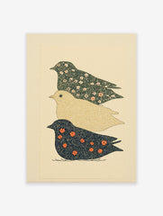 Stacked botanical bird wall art print featuring three birds with intricate floral and geometric patterns in green, gold, and blue.
