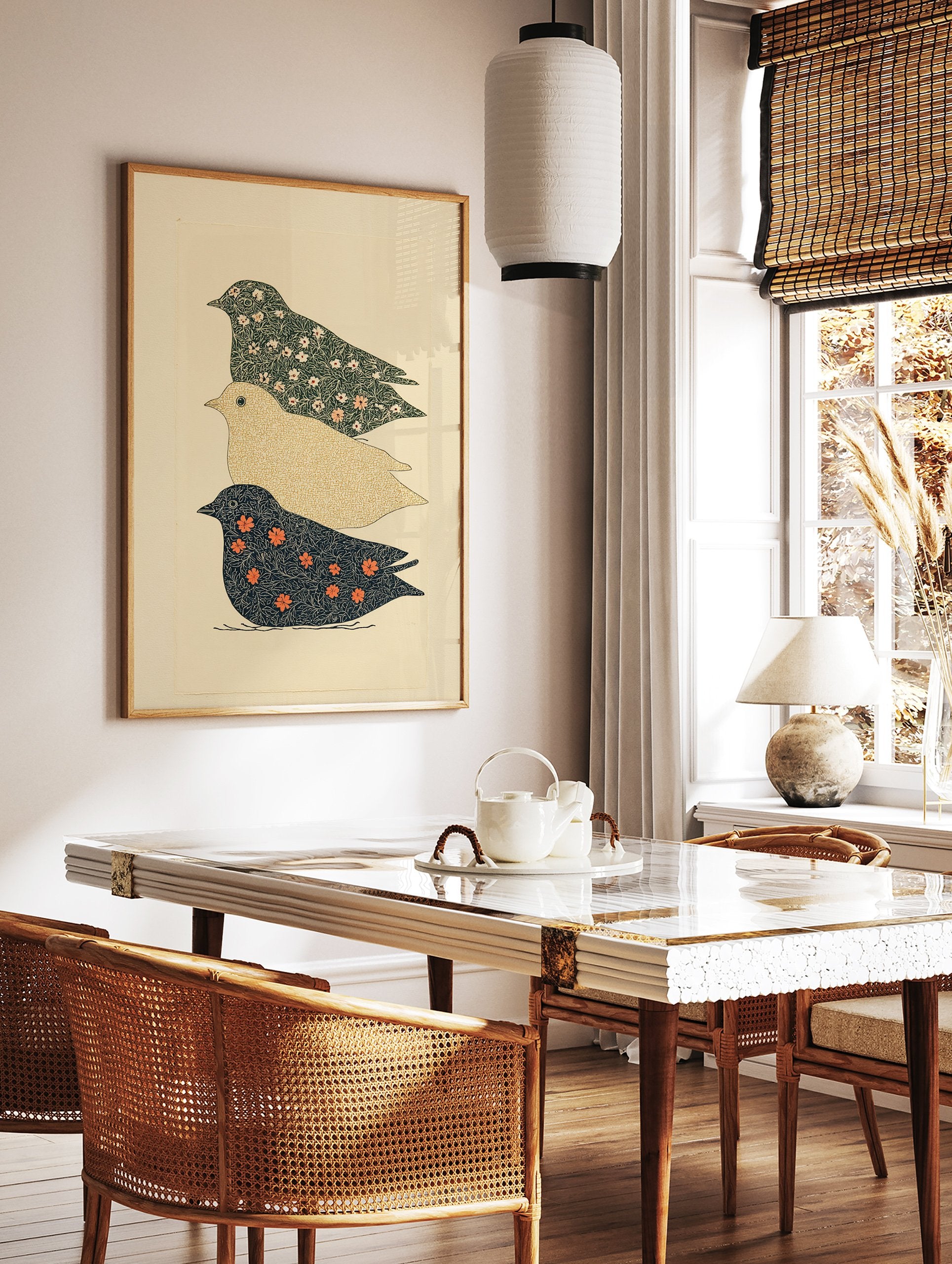 Stacked botanical bird wall art print featuring three birds with intricate floral and geometric patterns in green, gold, and blue. - Image 2