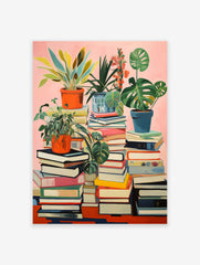 Botanical bookshelf poster featuring potted plants on stacks of colorful books against a pink background.