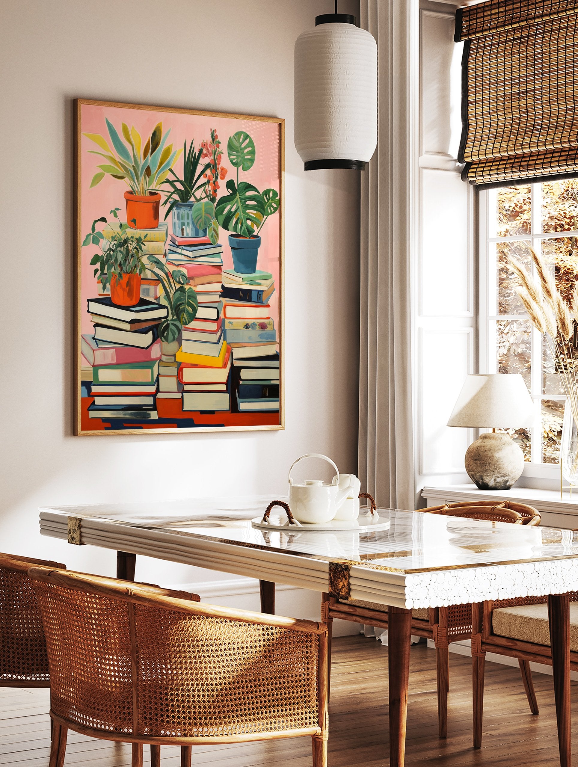 Botanical bookshelf poster featuring potted plants on stacks of colorful books against a pink background. - Image 2