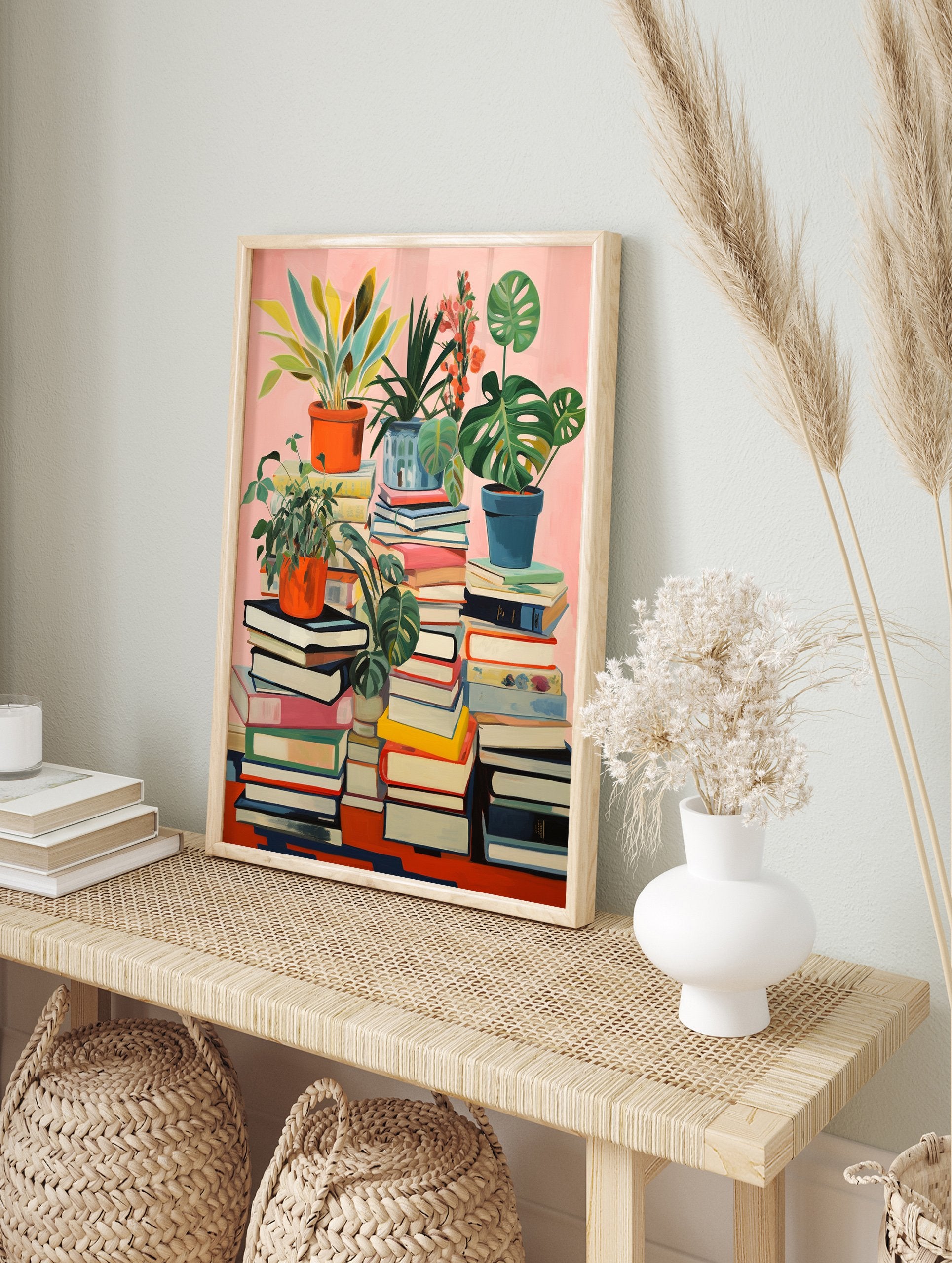 Botanical bookshelf poster featuring potted plants on stacks of colorful books against a pink background. - Image 4